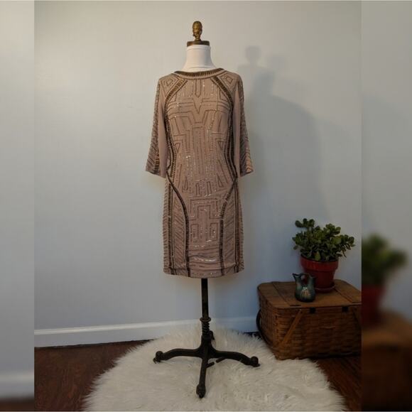 Spotlight by Warehouse Geometric Sequin Beaded 3/4 Sleeve Midi Dress Tan - Picture 7 of 7